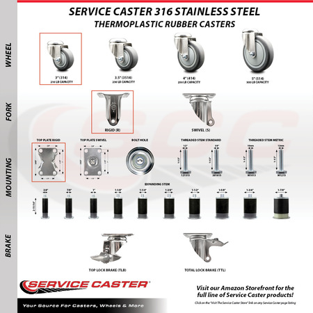 Service Caster 3 Inch 316SS Thermoplastic Rubber Wheel Swivel Top Plate Caster Rigid SCC, 2PK SCC-SS31620S314-TPRB-2-R-2